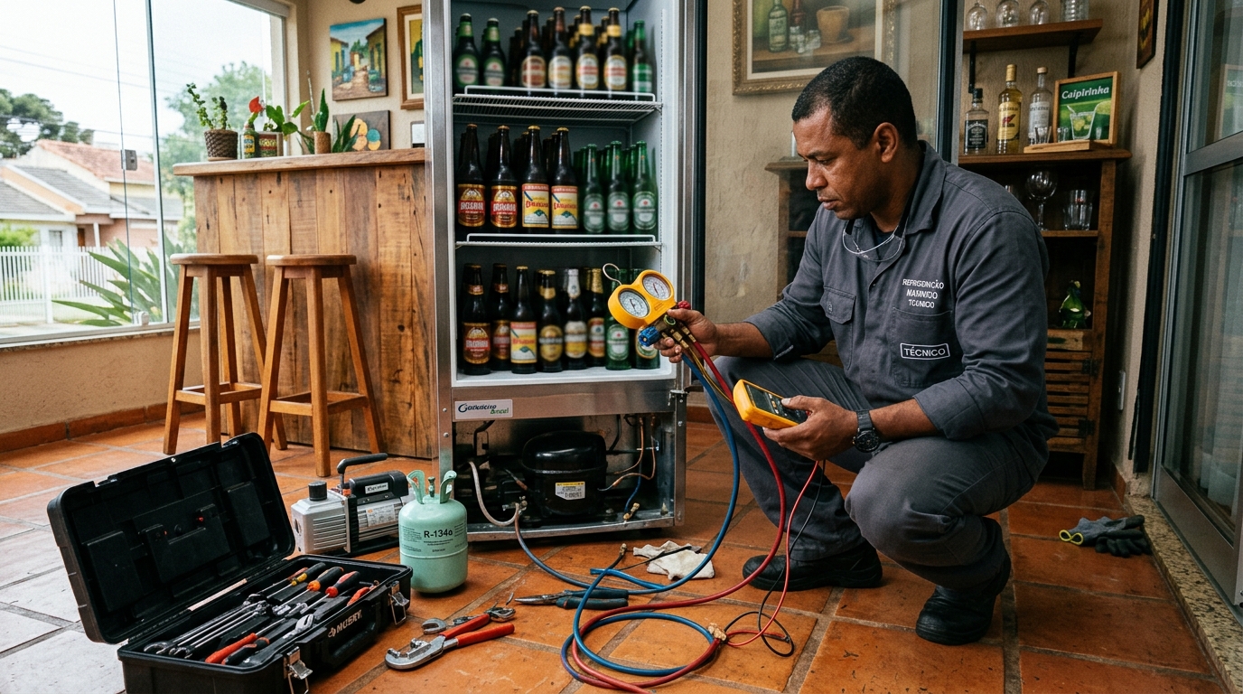 Profissional trocando compressor de equipamento comercial em Santo André‑SP