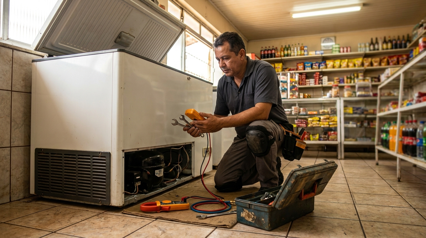 Manutenção em balcão refrigerado de mercado em Santo André‑SP