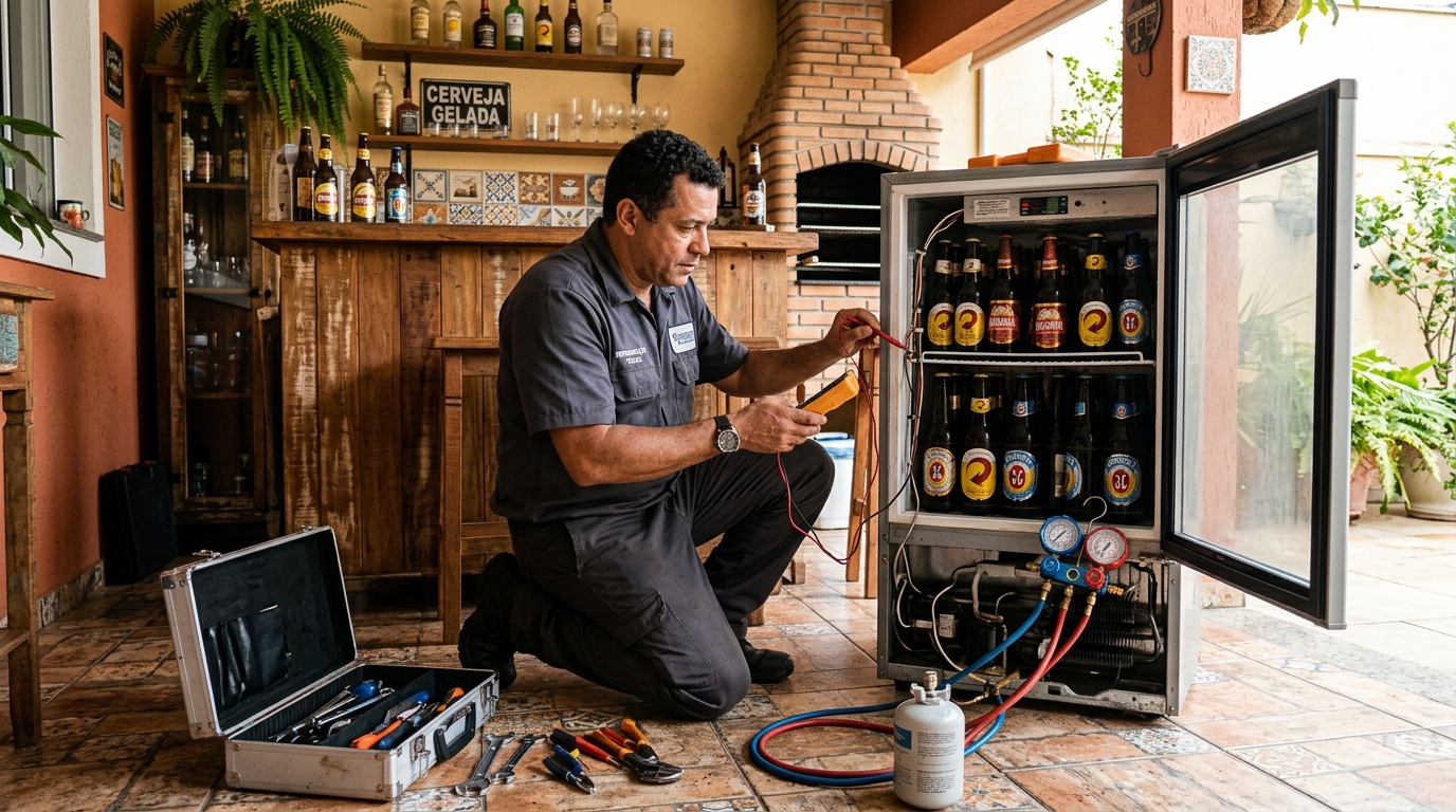 Recarga de gás em expositor de bebidas durante atendimento em Santo André‑SP